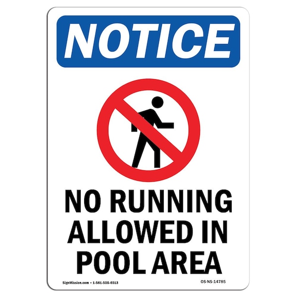 Safety Sign, OSHA Notice, 5" Height, No Running Allowed Sign With Symbol, Portrait, 10PK
